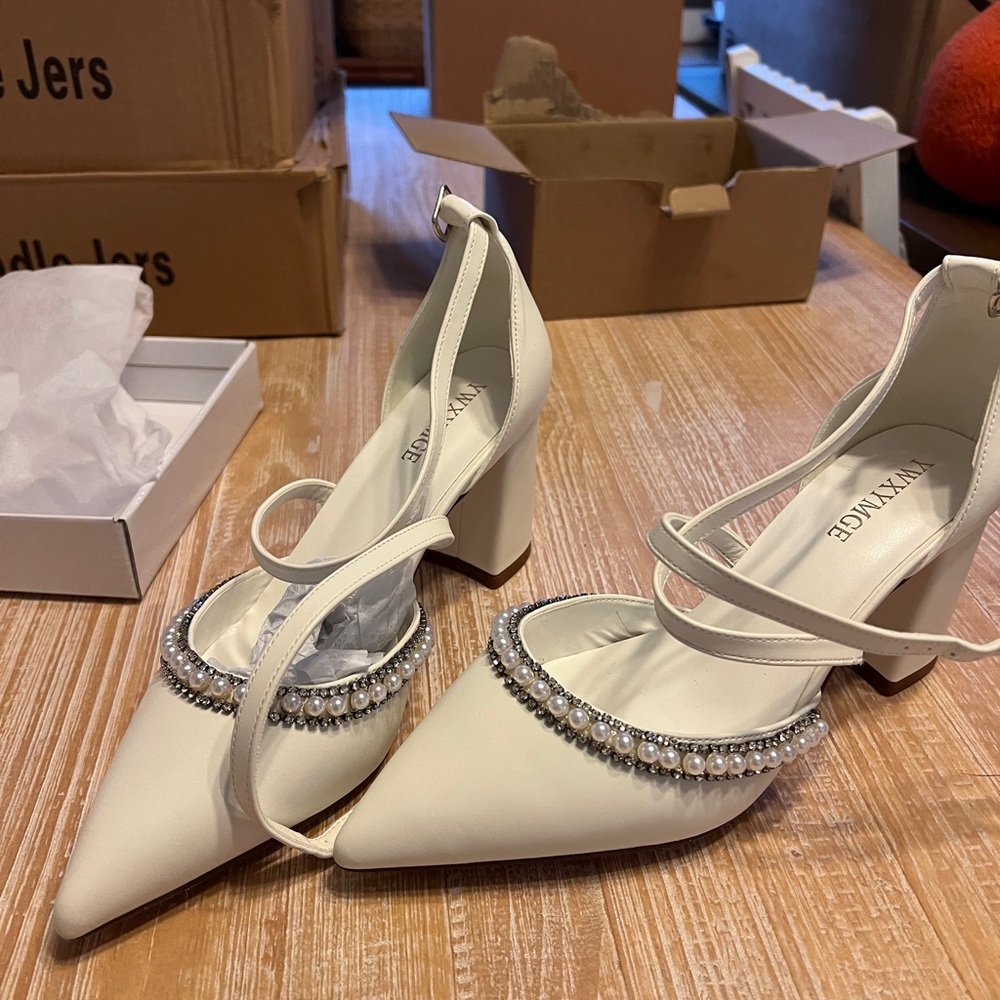 White Block Heels with Rhinestones and Pearls